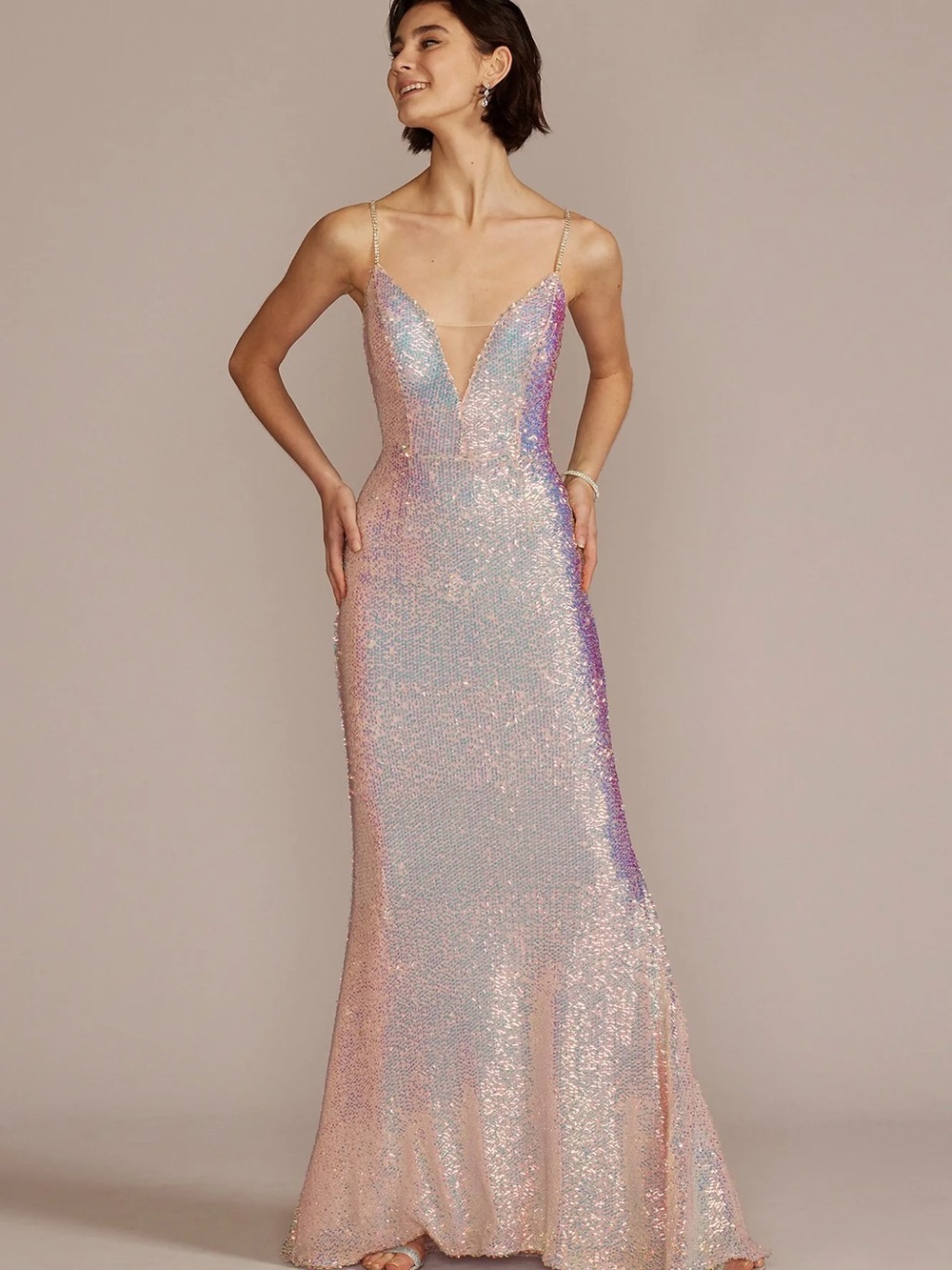 David’s Bridal rare Iridescent Sequin Slip Gown in Shimmering Pink